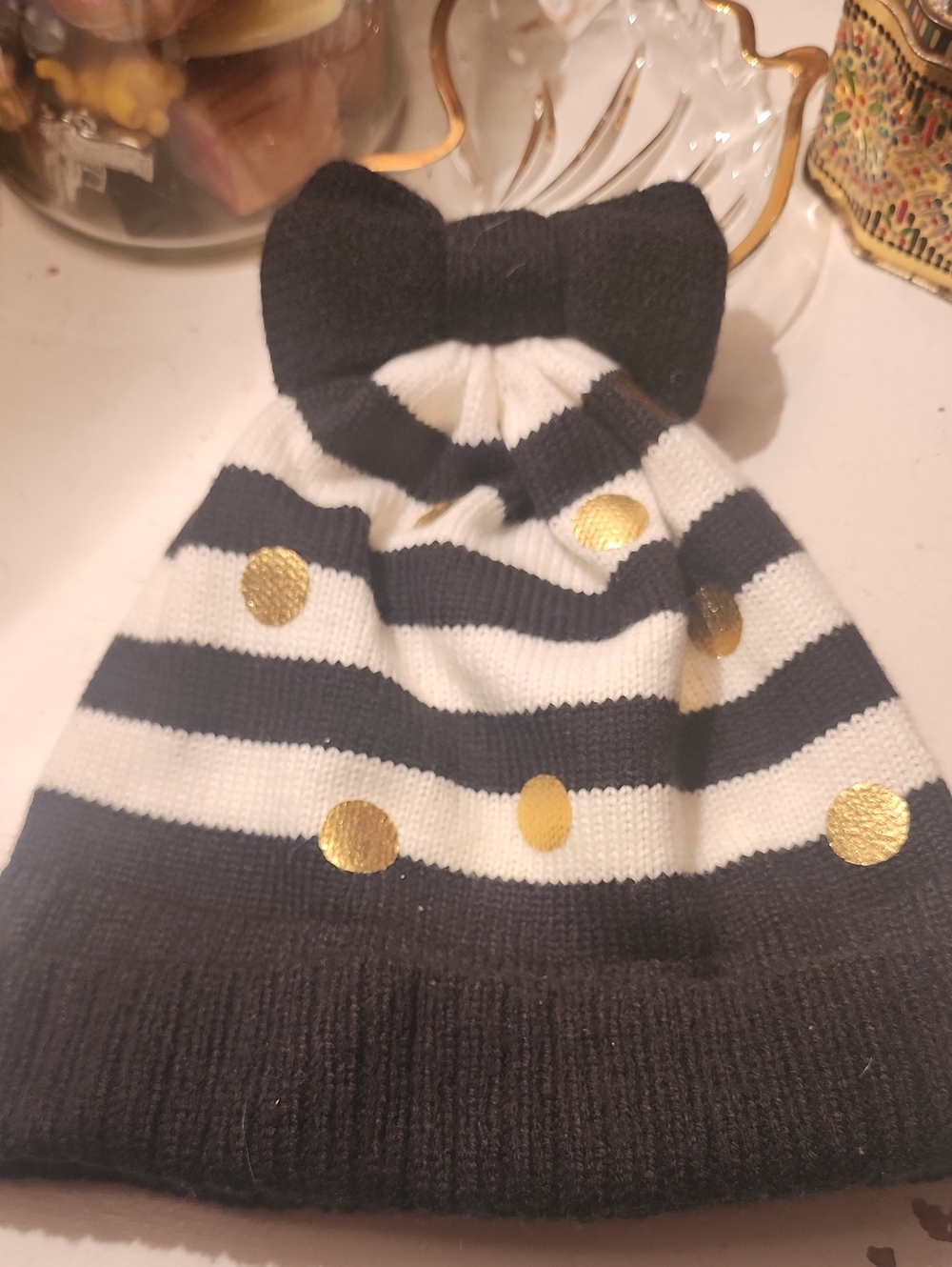 Kate Spade. Striped Black & White Kids Beanie with Gold Dots and Bow